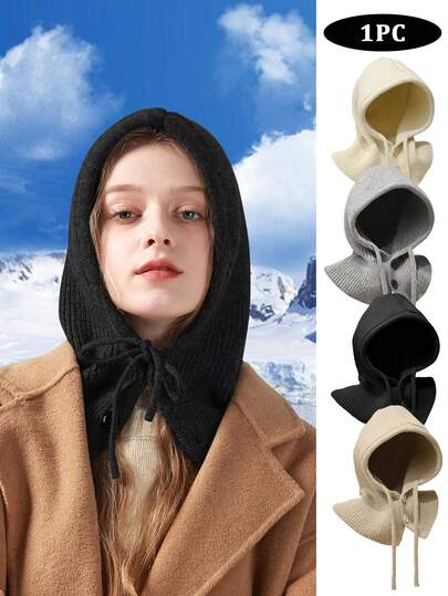 1pc Winter Sports Double-Buckle Hooded Scarf, Knitted Hat, Neck Warmer Set, Thick Outdoor Cycling Warm Hat With Ear Protection