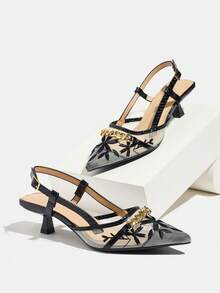 Tacones de aguja con correa de hebilla, decoración de cadena de metal y bordado floral para mujer. Elegantes, sexys y cómodos para uso casual, citas, al aire libre, fiestas, bodas y regalos de cumpleaños. Adecuados para todas las estaciones, color negro con malla.