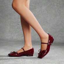 Athlefit Elegant Women's Mary Jane Flats - Comfort-Focused Square Toe Ballet Shoes With Buckle Stra - Wine Red - 查看 5
