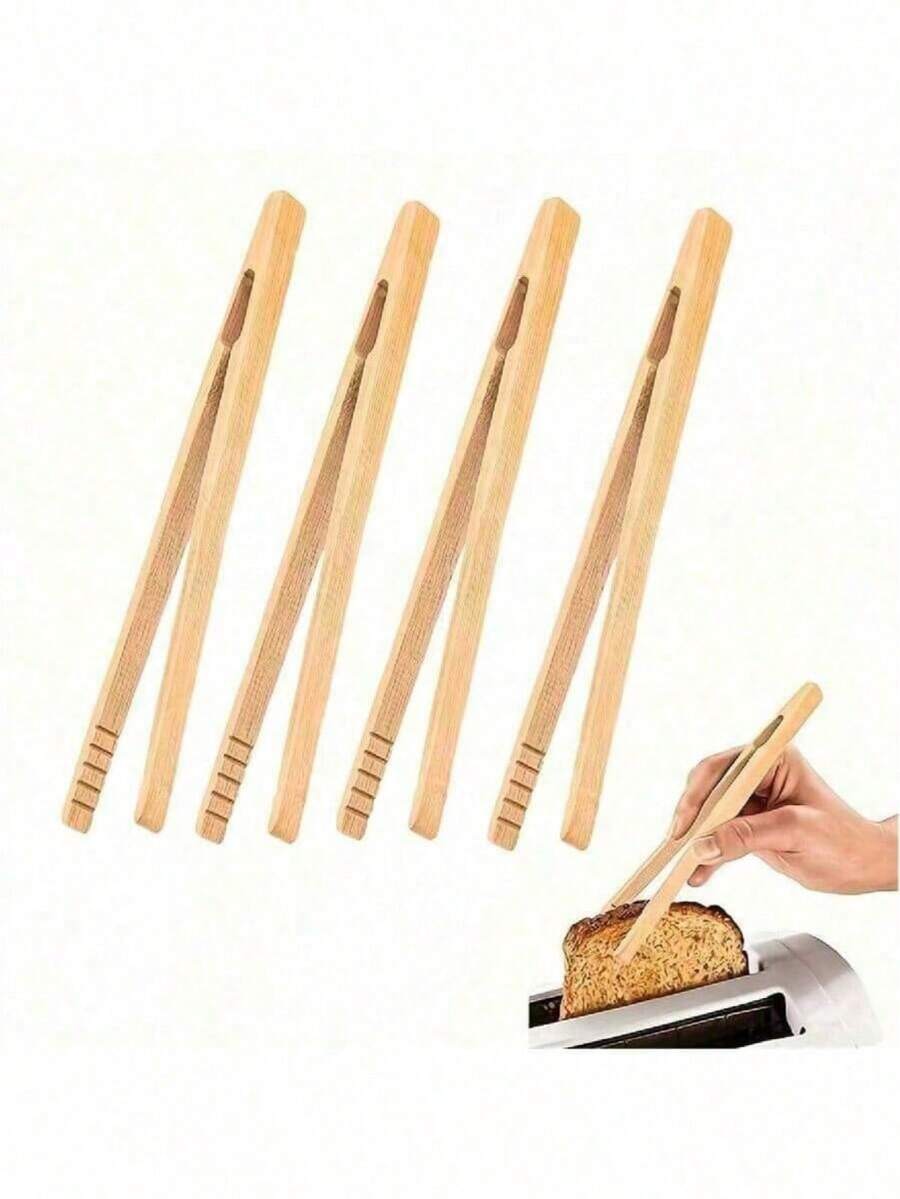 4pcs Bamboo Bread Tongs For Toasting Bread, Pickling, Tea Making, Cooking, Kitchen Clamps, Outdoor Camping Hiking Cooking Utensils Barbecue Tool Accessories - Brown - View 1