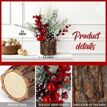Juego de decoración navideña con barril de tronco, pequeño árbol de Navidad, adornos de sobremesa, accesorios de escena. Decoración del hogar con árbol de Navidad artificial de madera con corteza de PE simulada, pequeño árbol de Navidad de sobremesa con decoraciones festivas como bayas rojas, piñas y decoraciones navideñas para el hogar, la chimenea y la decoración de interiores de invierno.
