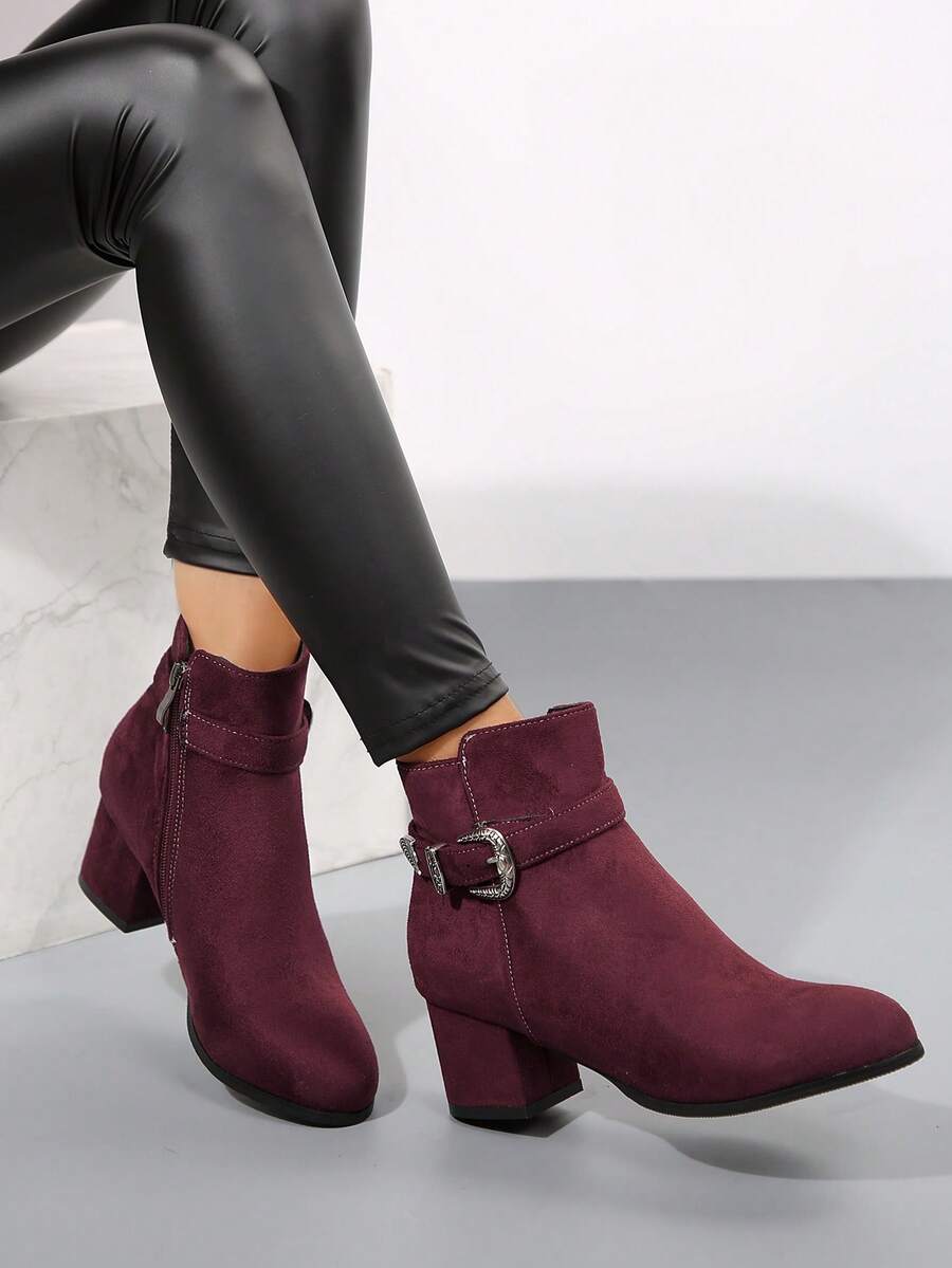 Damen dicke und runde Zehenkappe Seitlicher Reißverschluss einfarbig kurzer Schaft mit zusätzlicher Fütterung und verbreiterte Damen Oversized Winter Stiefel - Bordeaux - Übersicht 1