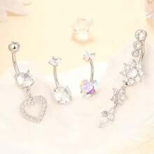 LYLYMIMI 5 Pieces Surgical Stainless Steel Dangle Belly Button Rings For Women Belly Ring Dangling Piercing Jewelry With Heart Flower Silver Tone 14G