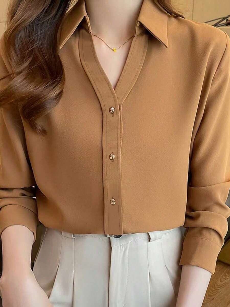 Women's Casual & Commuting Solid Color Long Sleeve Shirt, Simple & Versatile, Spring/Autumn - Brown - View 1
