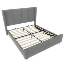 Modern Upholstered Bed Frame 140x200cm: Tall Headboard & Footboard With Certified USB Port, Iron And Wood Construction, Grey - Dark Gray + Velvet + 140x200cm - View 7