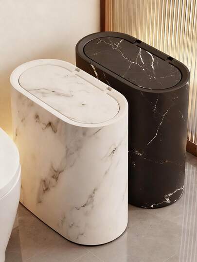1 pezzo Pattumiera quadrata con coperchio a grana di marmo - Design ermetico anti-odore, apertura a pressione, per bagno, hotel, casa, casa vacanze, cucina, soggiorno, pattumiera in plastica, bidone della spazzatura elegante, adatta per spazi ristretti, design salvaspazio, pattumiera da bagno, decorazione per la casa, accessori da bagno, decorazione natalizia
