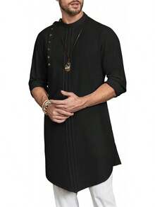 Mens Long Sleeve Robe Gown Casual Cotton Linen Button Muslim Shirt - 海軍 - 查看 8
