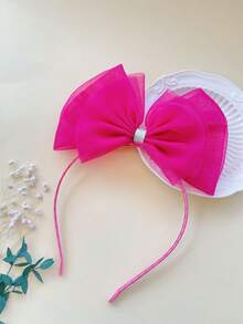 1pc Fuchsia Mesh Bow Headband For Girls, Suitable For Party, Holiday, Daily Decoration