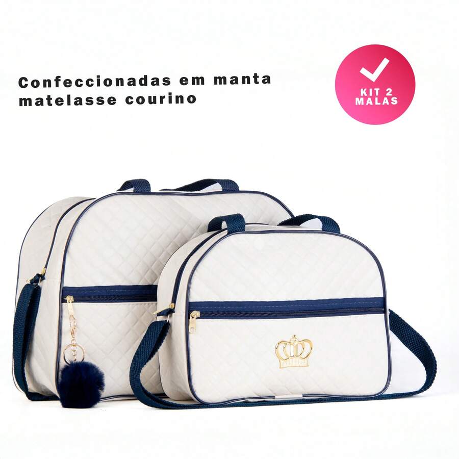 Kit 2 Maternity Bags For Boys/Girls, Luxury Baby Suitcase In Various Colors With Pompom - Navy Blue - View 1