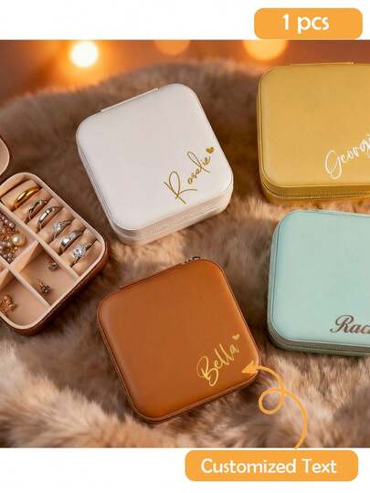 Customized Jewelry Box, Bridesmaid Name Box, Personalized Jewelry Box, Birthday Gift For Her, Women's Travel Jewelry Box, Gift For Sisters Or Friends, Christmas Gift, 12-Month Line Art Floral Personalized Jewelry Box With Mirror, Customizable Name Initial, PU Square Jewelry Box Gift, Travel Leather Ring Box, Customized Jewelry Storage Box