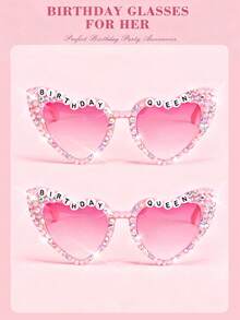 一副粉色心形渐变镜片“生日女王”眼镜，生日派对礼物，女士超级英雄服装配饰 - 彩色 - 查看 1