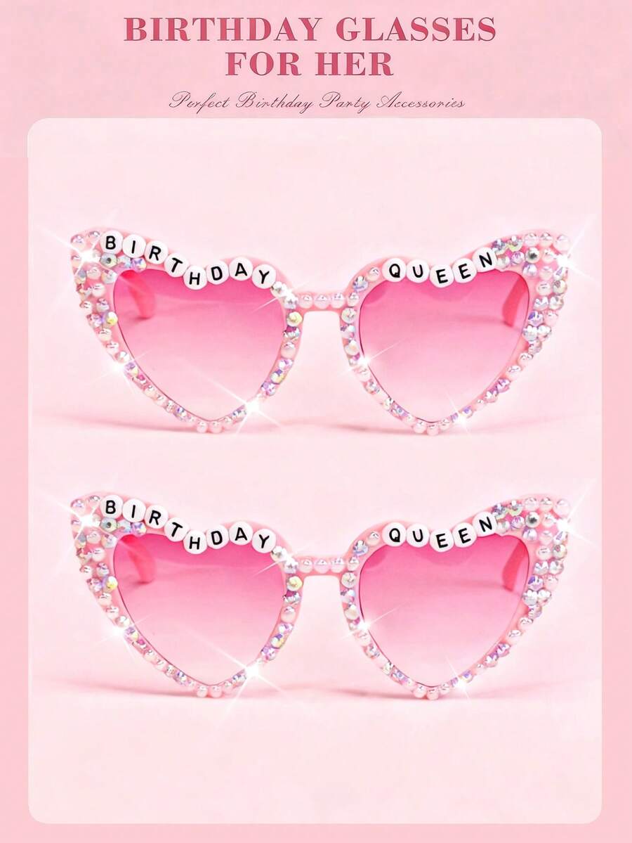 一副粉色心形渐变镜片“生日女王”眼镜，生日派对礼物，女士超级英雄服装配饰 - 彩色 - 查看 1