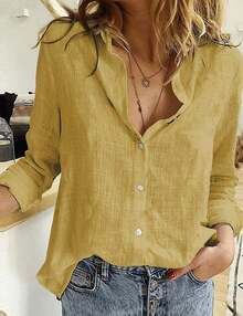 Women's Cotton Linen Blouse Long Sleeves Plus Size - Yellow - View 1