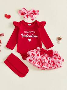 Baby Girls 4 Piece Outfits Valentine's Day Long Sleeve Round Neck Letter Print Jumpsuit Headband Short Tutu Skirt Leggings Set - Đỏ - Xem 1