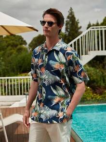 Men's Hawaiian Floral Shirts Silk Short Sleeve Button Down Casual Tropical Beach Holiday Shirtshalloween - 深藍色 - 查看 8