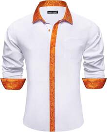 Mens Satin Silk Shirts Long Sleeve Designer Dress Shirt Shiny Untucked Casual Button Down Shirt Party Disco Formalhalloween - 白色和淺橙色 - 查看 5