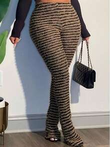 Women's Leggings Women's Layered Striped Plush Knitted Ultra-Long Pants Sexy Women's Clothing - 棕色 - 查看 3
