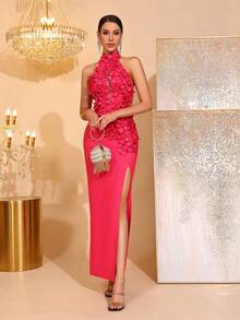 全新时尚 3D 花卉性感立领无袖镂空露背高开衩绷带长裙，优雅女士正式晚礼服，适合婚礼、派对、节日 - 玫紅色 - 查看 3