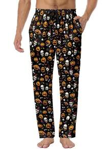 Mens Pajama Pants, Soft Lounge Sleep Pants With Pockets Lightweight Long Pajama Bottoms For Menhalloween - Smile Pumpkin - 查看 1