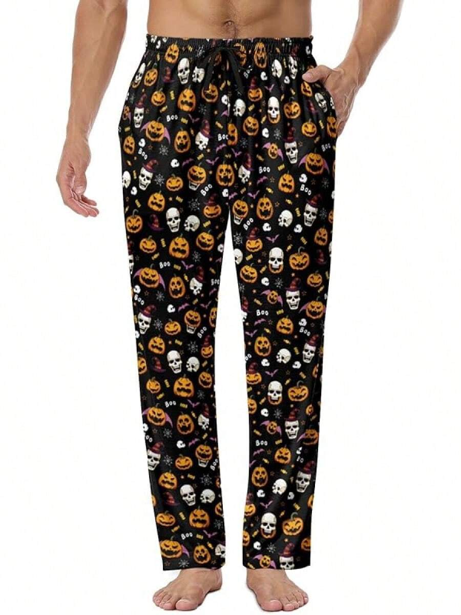 Mens Pajama Pants, Soft Lounge Sleep Pants With Pockets Lightweight Long Pajama Bottoms For Menhalloween - Smile Pumpkin - 查看 1