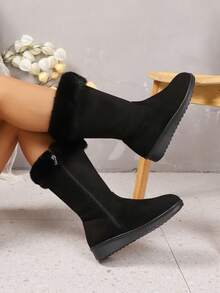 Women's Mid-Calf Snow Boots, Thick Thermal Lining, Wedge Heel, Warm & Soft Material, Side Zipper, Round Toe, Versatile Outdoor Boots (Shoe Mouth & Foot Length Run Small, Please Order One Size Up) - màu đen - Xem 5