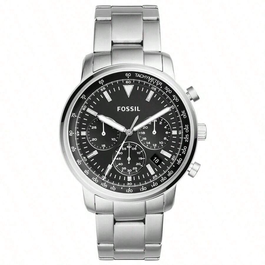 Fossil 44mm Quarzwerk Armbanduhr mit schwarzem Zifferblatt und Silberarmband, Herrenarmbanduhr mit 50 Meter Wasserdichtigkeit FS5412