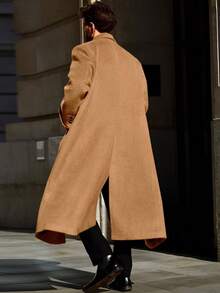 Mens Wool Blend Pea Coat Notched Collar Double Breasted Long Jacket Trench Coats Classic Winter Overcoat - 卡其色 - 查看 2