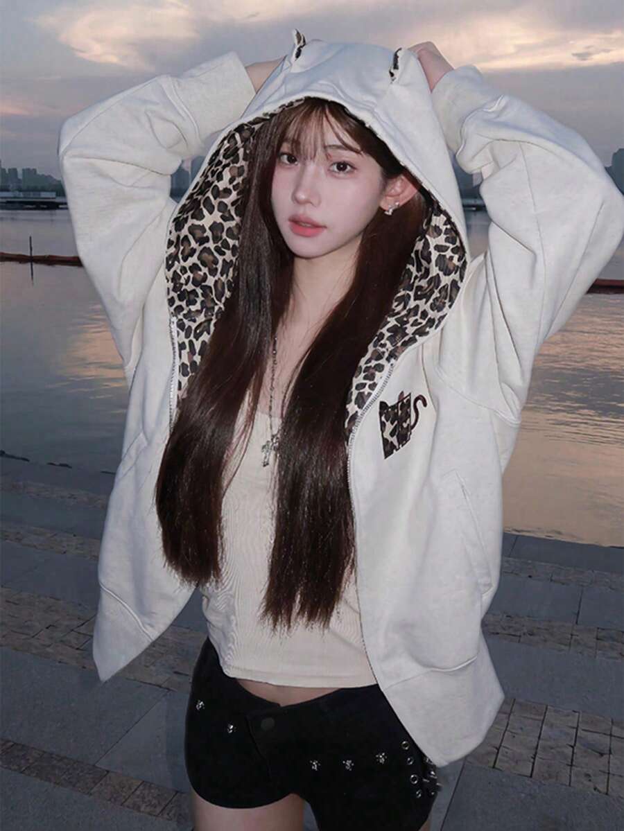 New Women Loose Casual Chic Patchwork Leopard Print Hooded Sweatshirt Pullover Jacket, Lightweight Spring - Light Grey - View 1