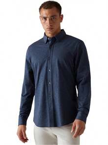 Men's Commuter Shirt, Performance Dress Shirts For Men, Machine Washable, Wrinkle Resistant, Slim Fit Button Down Shirthalloween - Denim Blue Oxford - View 1