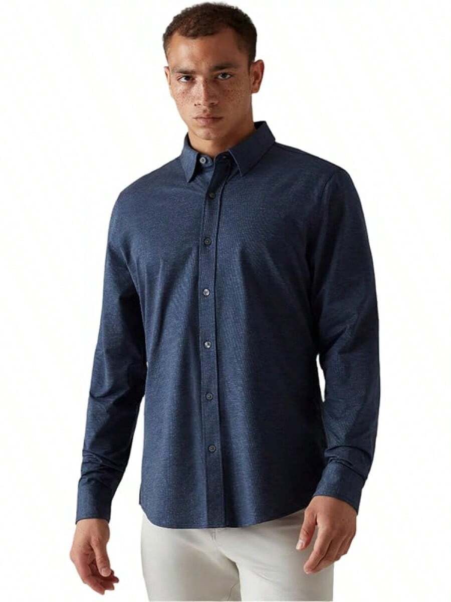 Men's Commuter Shirt, Performance Dress Shirts For Men, Machine Washable, Wrinkle Resistant, Slim Fit Button Down Shirthalloween - Denim Blue Oxford - View 1