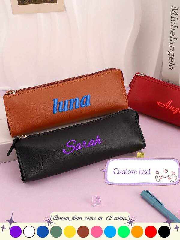 1 pieza, Estuche de lápices de artesanía de bordado, Estuche de lápices personalizado, Múltiples colores y tipos de letra para elegir, Material de PU, unicolor, Cremallera de nailon, Estilo de mezclilla, Bolsa de maquillaje portátil, Bolsa de almacenamiento de viaje, Artículos de papelería, Útiles escolares, Productos de belleza, Adecuado para estudiantes y trabajadores de oficina, Sorpresa de Navidad, Regalo de Navidad