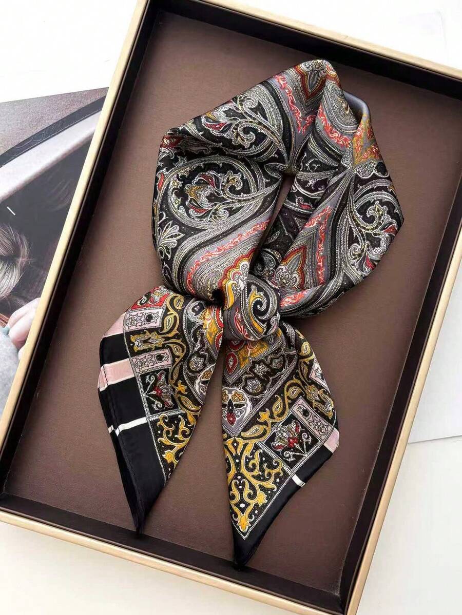 1条70*70厘米方形真丝围巾，女士缎面印花头巾，颈巾，发带，时尚女士披肩，围巾 - 黑色棕色腰果 - 查看 1