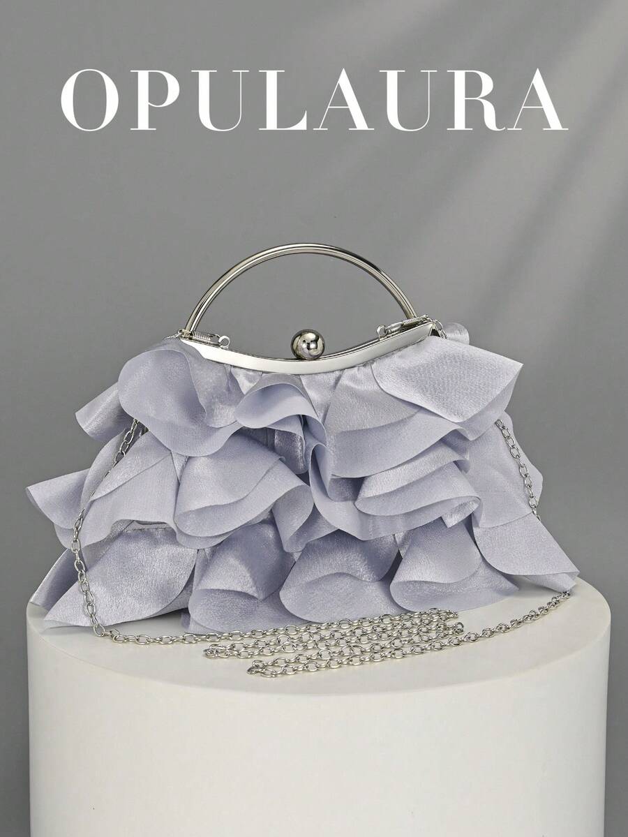 OpulAura 女士优雅迷人花瓣宴会手拿包，褶边设计晚礼服手提包，适合婚礼/度假/正式派对/舞会，配有链条 - 銀色 - 查看 1