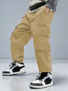 3 piezas Pantalones cargo casuales, deportivos y con estilo de múltiples bolsillos con cordón para niños preadolescentes, adecuados para primavera, verano, otoño e invierno