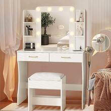 Vanity Table With Mirror And Stool, 85 X 40 X 140 Cm, LED And 3 Lighting Modes, 2 Sockets And 2 USB Ports, 2 Drawers, 4 Shelves - EU E Type Plug(220-240V) - View 2