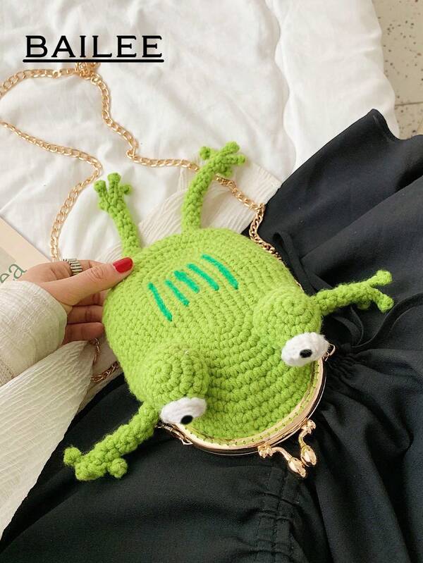 BAILEE Cute Cartoon Fun Little Frog Pure Handmade Crocheted Change Bag Grass Green Little Frog Crocheted Clip With Detachable Metal Chain Women's Crossbody Bag For Daily Fashion Matching&Shopping With Friends&Campus Life