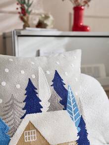 1 pièce Housse de coussin brodée avec sapin de Noël et maison, convient pour la décoration intérieure, housse de coussin décorative de Noël, insert de coussin non inclus - Multicolore - Voir 6