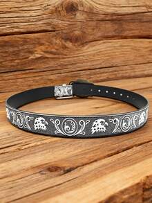 1pc Unisex Vintage Western Cowboy Style Carved Bull Head Print Belt, Suitable For Jeans, Cargo Pants, Party, Holiday Gift