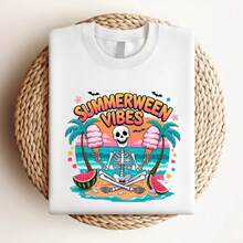 180g pure Cotton Maglietta scheletro Summerween, maglietta Summer-ween, maglietta estiva spettrale, maglietta estiva di Halloween, regalo per Halloween, Halloween tutto l'anno, scheletro da spiaggia Stylish female Slightly Unisex fashion Breathable graphic Summer - Blanco - Ver 3