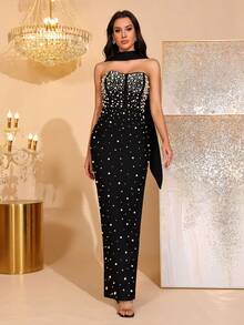 Elegant Beaded Decor Strapless High Slit Bridesmaid Dress, Bandage Dress For Holiday Party - Black - View 3