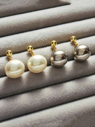 2 Pairs Oval Pearl Earrings, Elegant Lady-Like Charm Earrings Suitable For Daily Wear