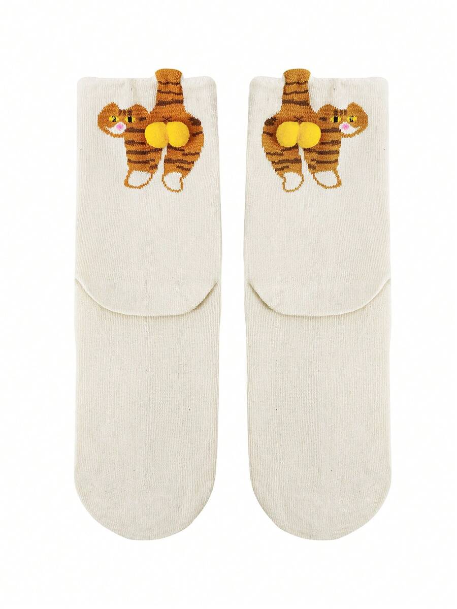 1 Pair Of White Cartoon Cat Socks, Novel And Cute Cat Socks, Interesting Mid Tube Socks, A Gift For Cat Enthusiasts