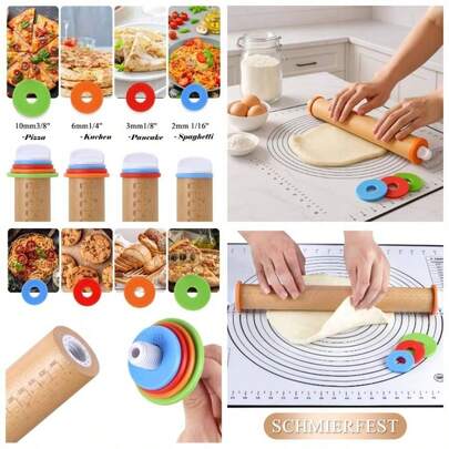 Rodillo, - Rodillo de madera con una longitud de 17, 5 pulgadas y anillos de grosor ajustables, juego de 3 piezas de rodillos de masa, rodillo para hornear pizza, pasta, galletas