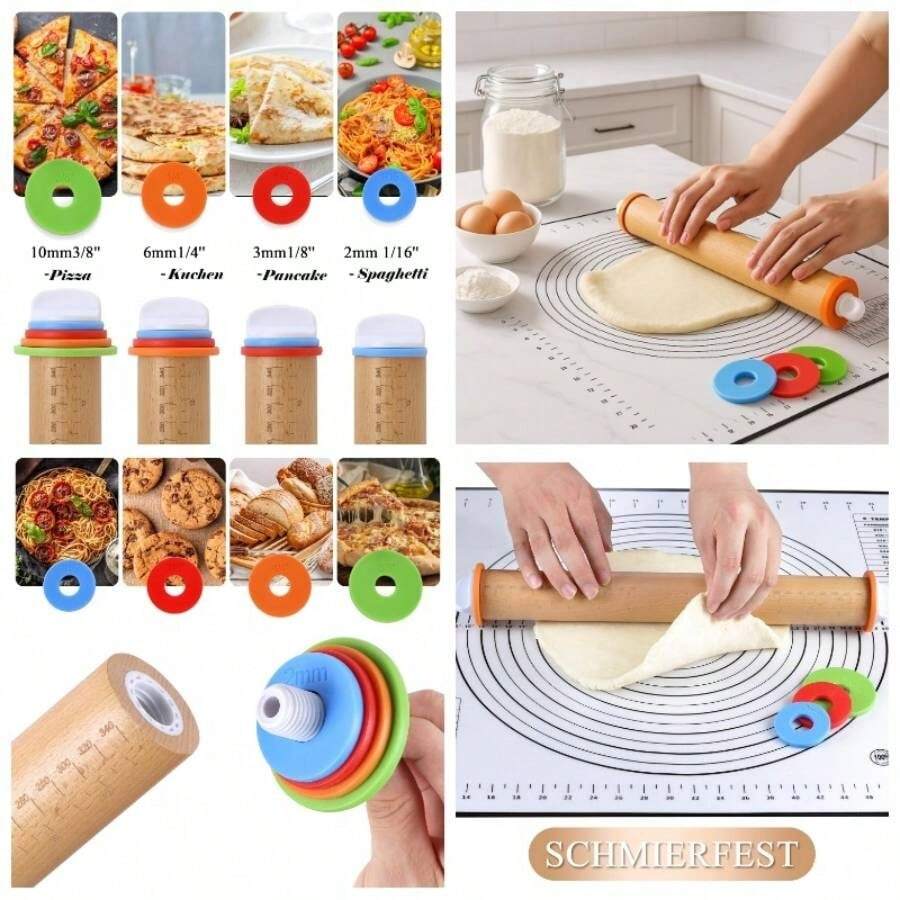 Rodillo, - Rodillo de madera con una longitud de 17, 5 pulgadas y anillos de grosor ajustables, juego de 3 piezas de rodillos de masa, rodillo para hornear pizza, pasta, galletas - Madera natural - Ver 1