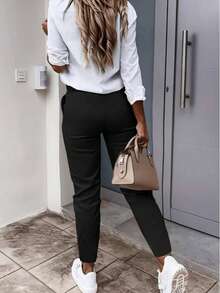 Women's Plus Size Solid Color Elastic Ankle-Length Pants, With Pockets, Zipper And Button Closure, Casual & Business Wear, Suitable For Spring, Autumn, Winter, Commuting, Daily, Holidays, Christmas, Versatile