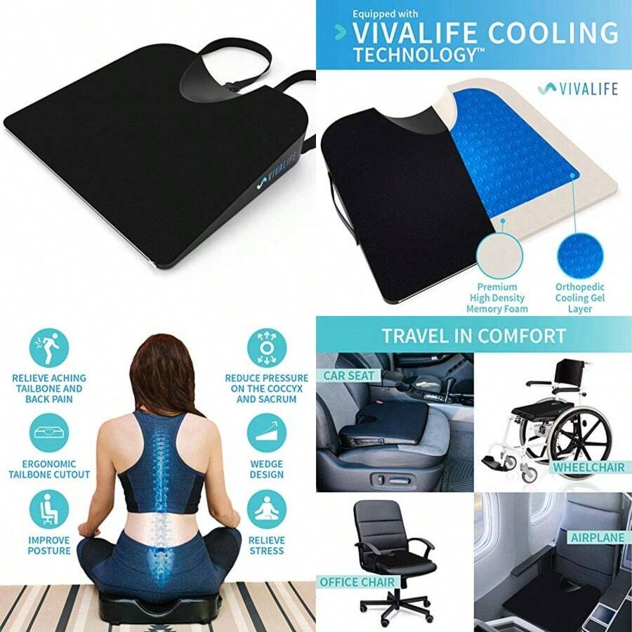 Gel Memory Foam Office Chair And Car Seat Cushion With NSlip Bottom Tailbone Pain Relief Cushion Ergomic Orthopedic Sciatica And Coccyx Pillow Cushion - 黑色 - 查看 1
