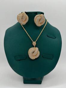 3pcs/Set Gold Knot Shaped Necklace Set. Copper Inlaid Sparkling Cubic Zirconia Elegant Necklace & Earrings Jewelry Set. Suitable For Women's Daily, Party, Banquet Wear. Great Gift For Mother's Day, Valentine's Day