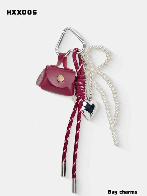 HXXOOS One Y2K Burgundy Mini-Bag Pearl Bag Charm Keychain, Heart Metal Detail + Braided Rope Tassel, Quick-Release Clip, Fits Tote/Backpack/Crossbody, For Commuting/School/Outings, Gift For Women & Girls, Also Usable As A Car Accessory.