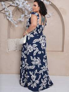 Plus Size Long Dress With Ruffle On The Shoulder - Navy Blue Estam. - View 2