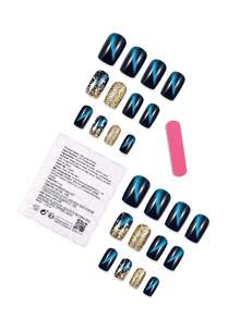 24 pezzi di unghie finte quadrate corte, di colore blu scuro, con glitter dorati e motivi a stelle bianche